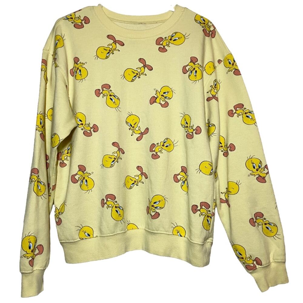 Looney Tunes Sweatshirt Pullover Crew Neck All Over Tweety Bird Yellow Large - Picture 2 of 5